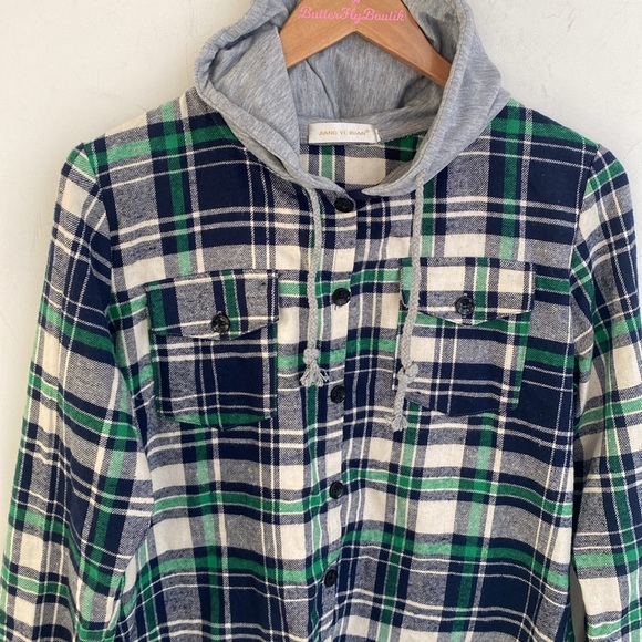 (B49) Jiang Vi Xuan Plaid Hoodie Long Sleeve Button-Up Drawstring with Pockets - Picture 5 of 10